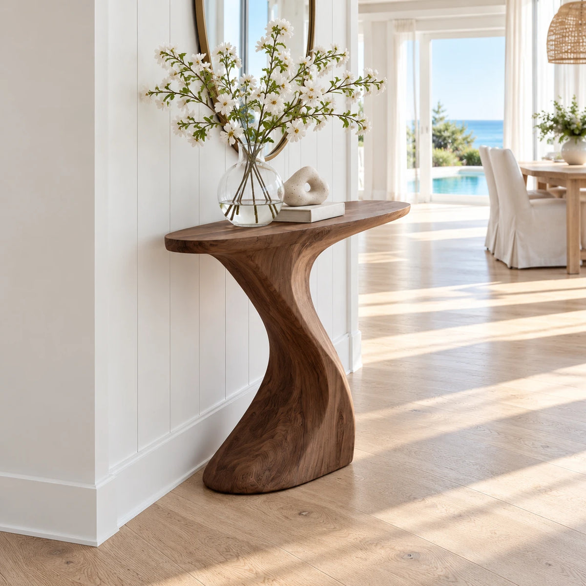 Narrow Console Table with Sculptural Pedestal Base in Natural Solid Wood - Arboriswood - 6