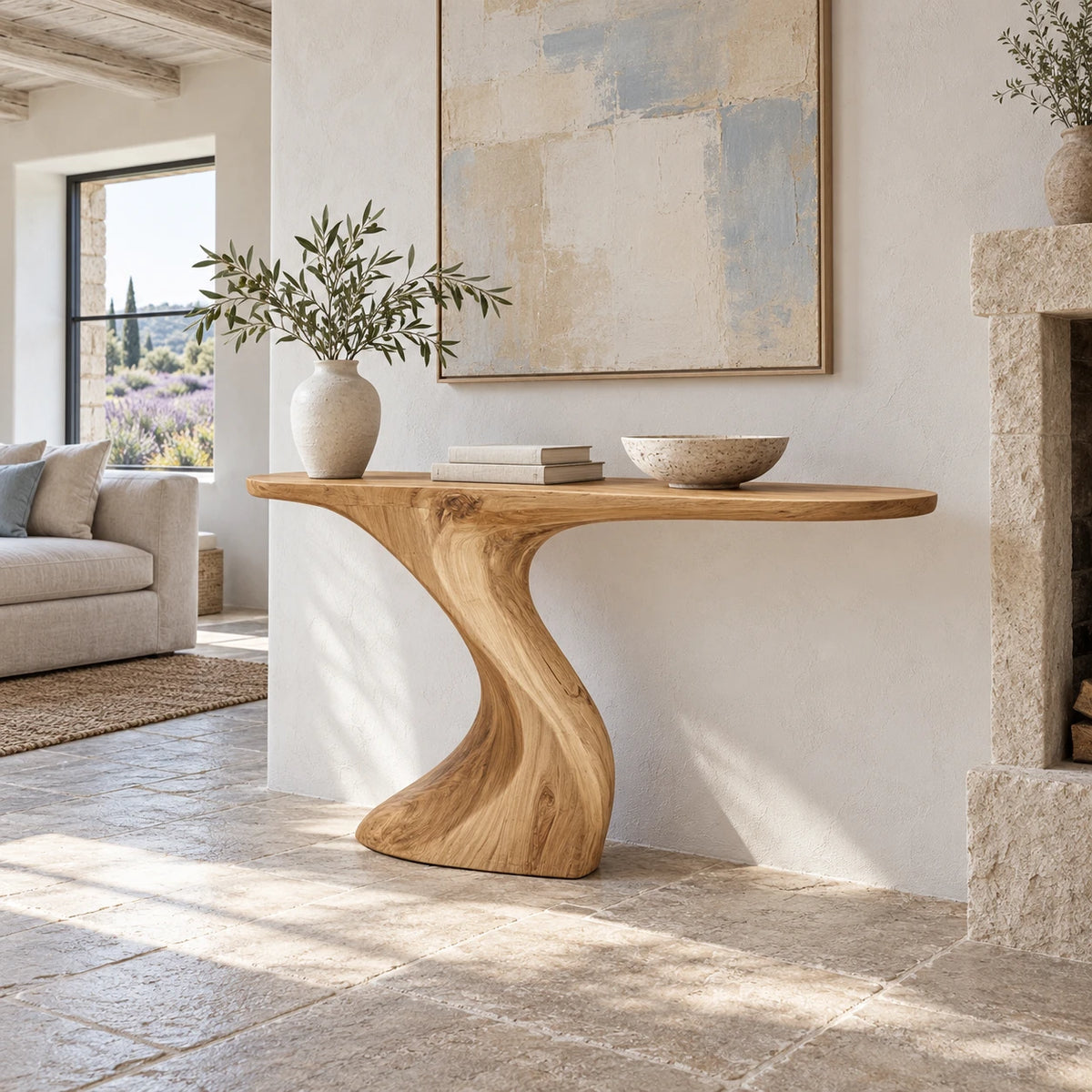 Narrow Console Table with Sculptural Pedestal Base in Natural Solid Wood - Arboriswood - 8