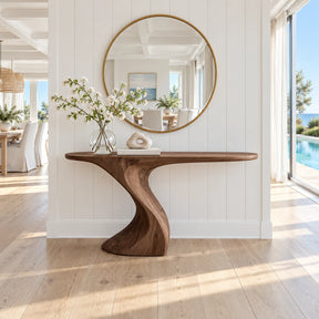 Narrow Console Table with Sculptural Pedestal Base in Natural Solid Wood - Arboriswood
