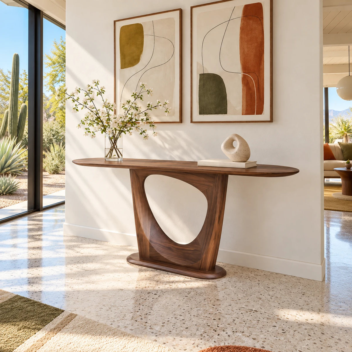 Narrow Entryway Table with Oval Slab Top and Open Triangle Pedestal Base - Arboriswood - 2