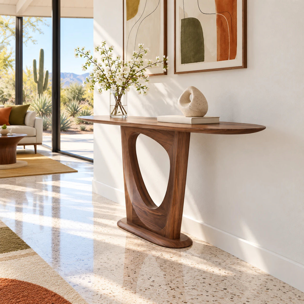 Narrow Entryway Table with Oval Slab Top and Open Triangle Pedestal Base - Arboriswood - 6