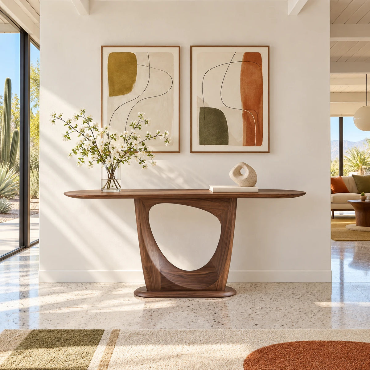 Narrow Entryway Table with Oval Slab Top and Open Triangle Pedestal Base - Arboriswood