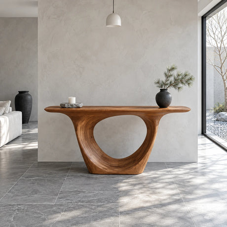 Narrow Entryway Table with Teardrop Open-Loop Pedestal and Tapered Slab Top - Arboriswood
