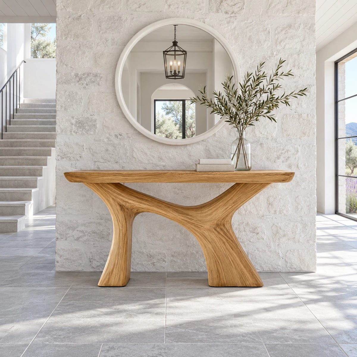 Narrow Entryway Table with Y-Shaped Arched Pedestal and Chunky Slab Top - Arboriswood - 11
