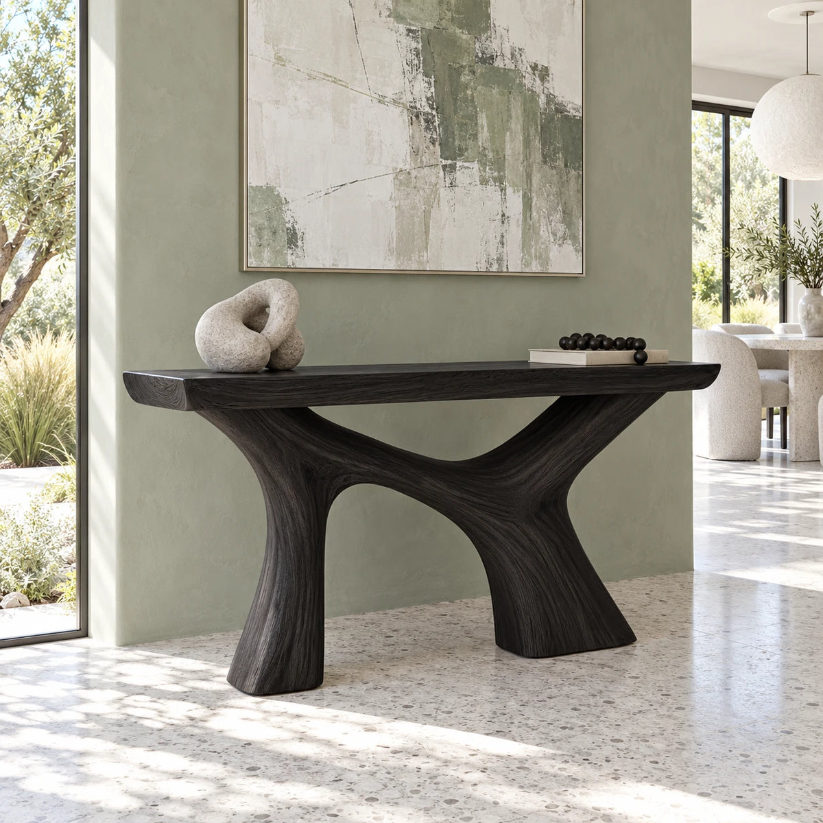 Narrow Entryway Table with Y-Shaped Arched Pedestal and Chunky Slab Top - Arboriswood - 13