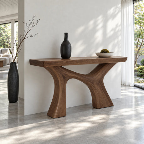 Narrow Entryway Table with Y-Shaped Arched Pedestal and Chunky Slab Top - Arboriswood - 2