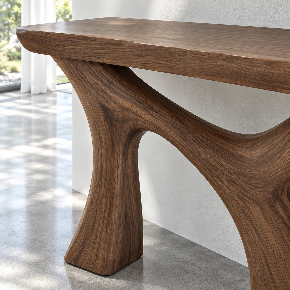 Narrow Entryway Table with Y-Shaped Arched Pedestal and Chunky Slab Top - Arboriswood - 4
