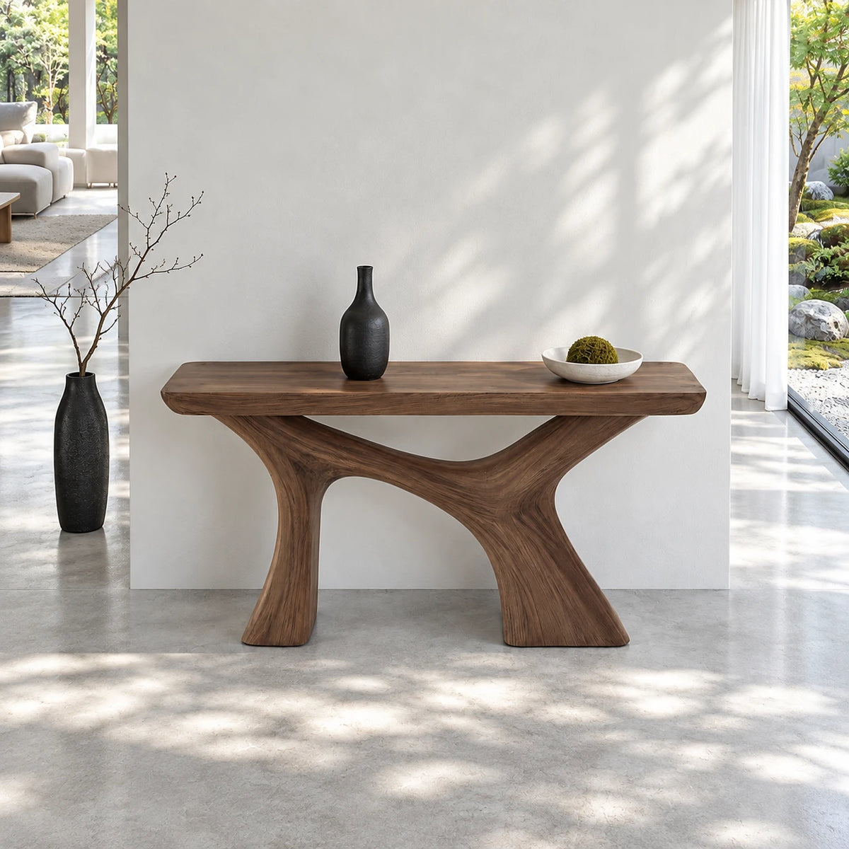 Narrow Entryway Table with Y-Shaped Arched Pedestal and Chunky Slab Top - Arboriswood - 5