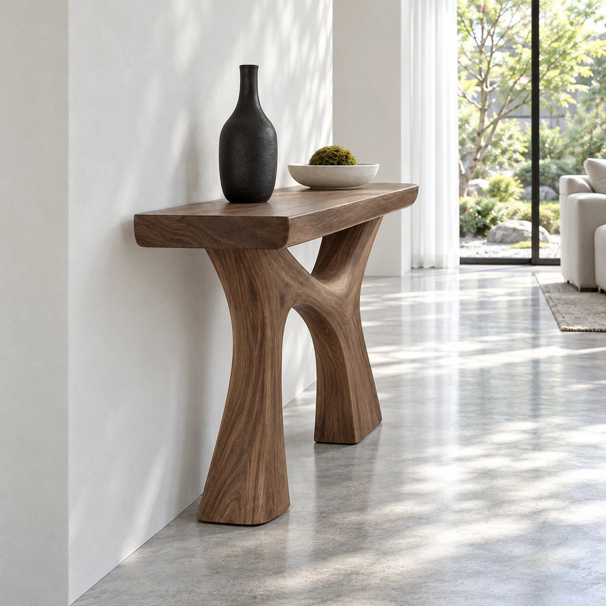 Narrow Entryway Table with Y-Shaped Arched Pedestal and Chunky Slab Top - Arboriswood - 6