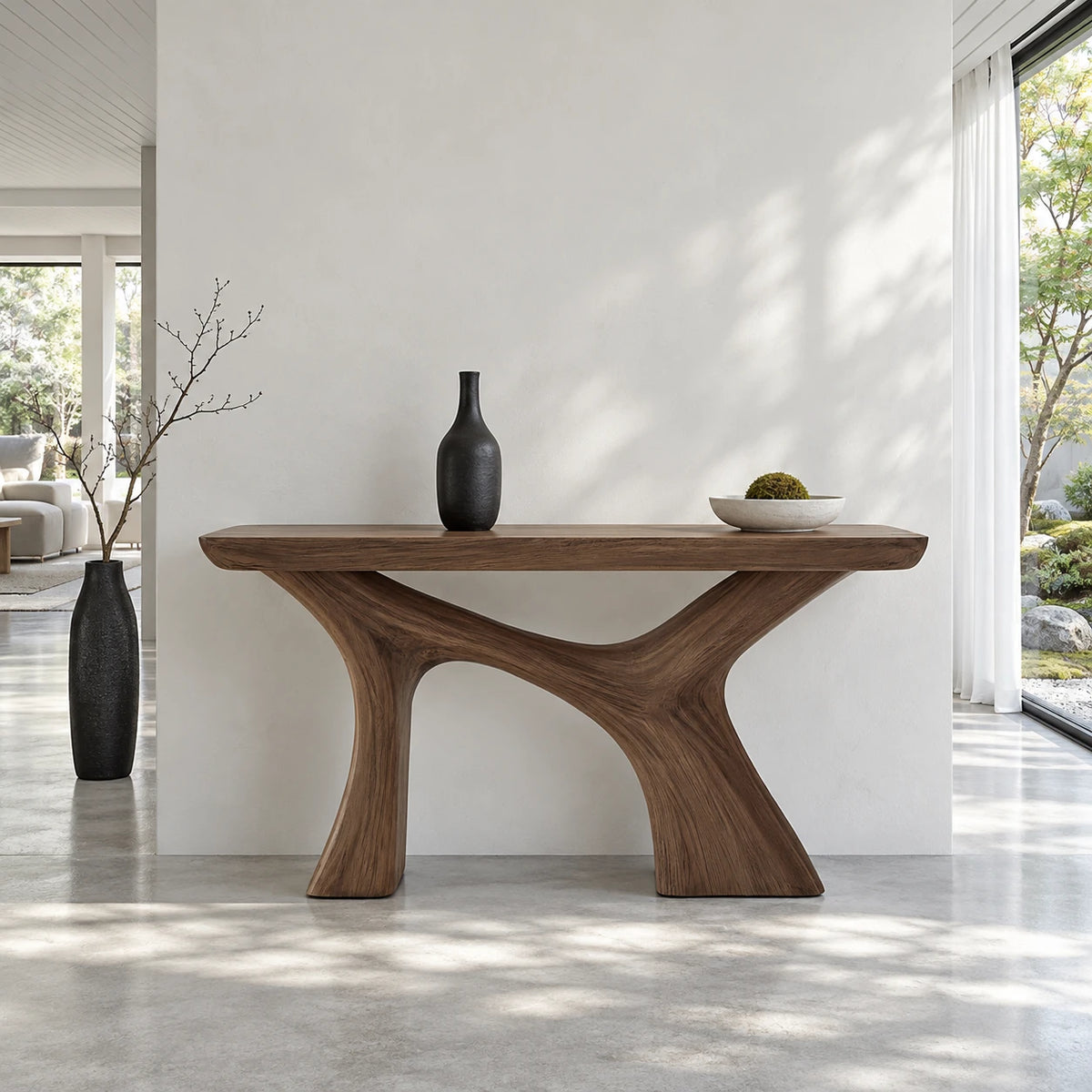 Narrow Entryway Table with Y-Shaped Arched Pedestal and Chunky Slab Top - Arboriswood
