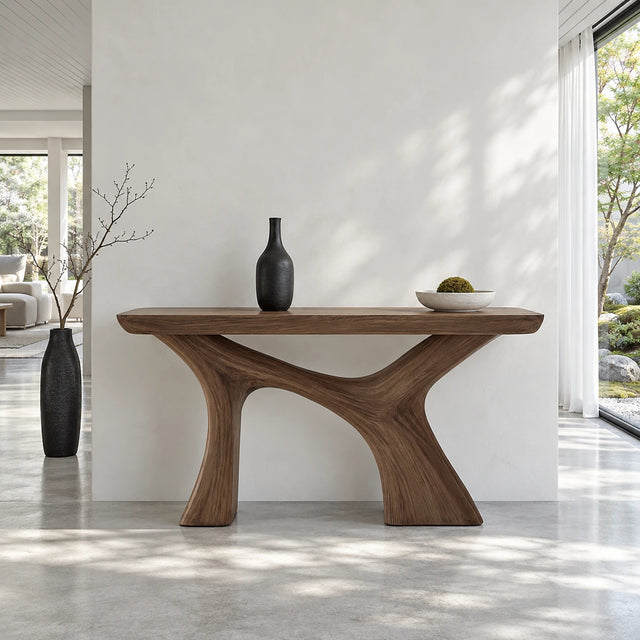 Narrow Entryway Table with Y-Shaped Arched Pedestal and Chunky Slab Top - Arboriswood