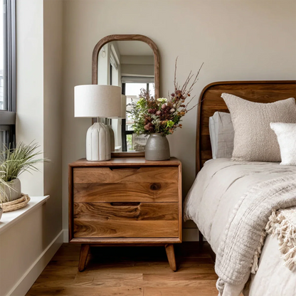 Natural grain nightstand featuring two spacious drawers and smooth walnut tone finish bedside style