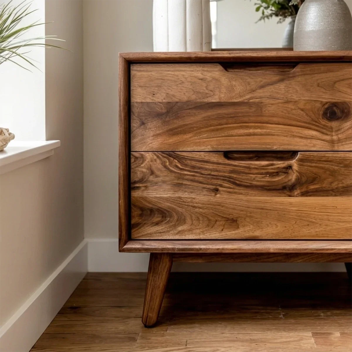 Contemporary bedside cabinet displaying natural texture styling and polished walnut tone finish