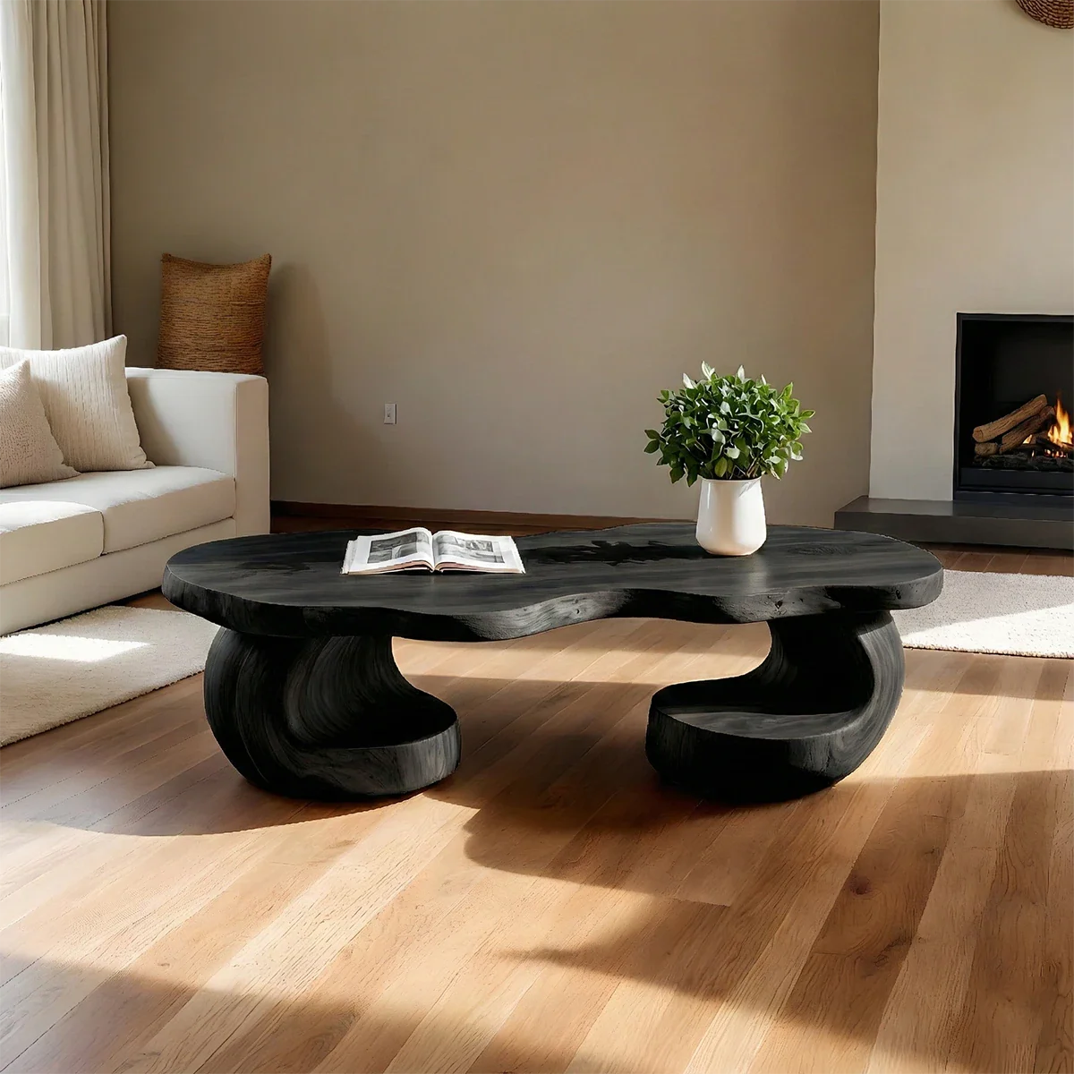 Contemporary black coffee table with natural finish