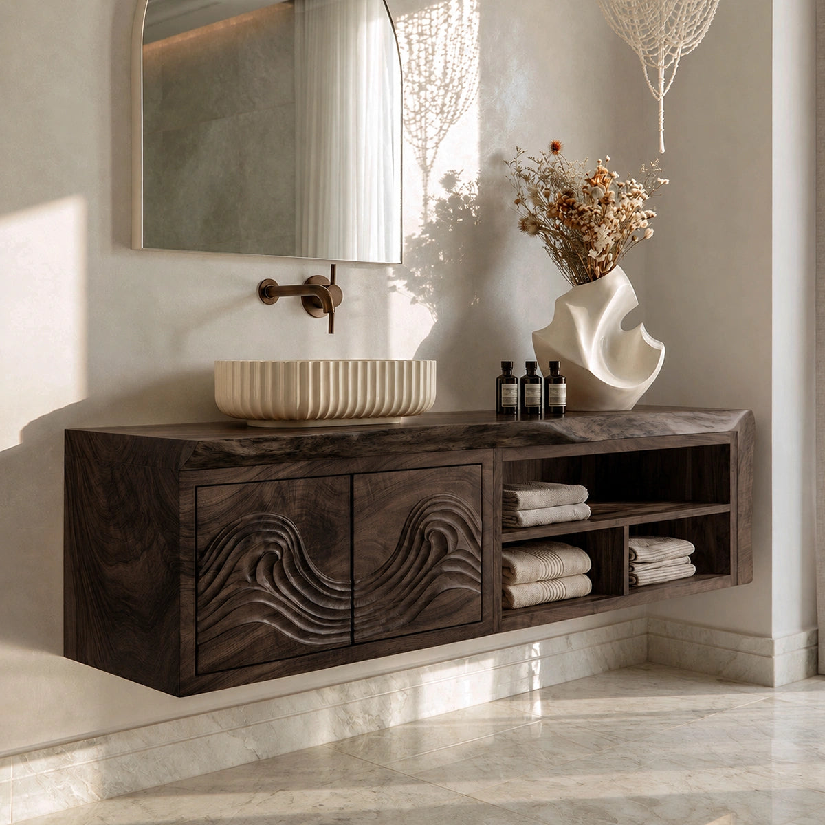 Natural Solid Wood Bathroom Vanity with Carved Wave Doors – Rustic - Arboriswood - 10