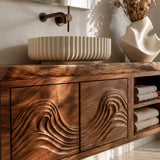 Natural Solid Wood Bathroom Vanity with Carved Wave Doors – Rustic - Arboriswood - 1