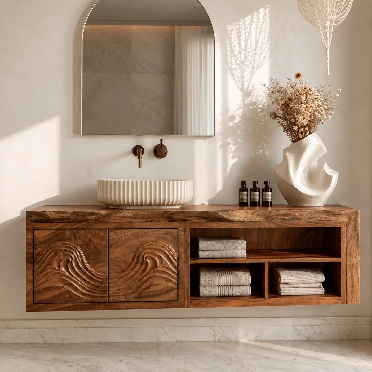 Natural Solid Wood Bathroom Vanity with Carved Wave Doors – Rustic - Arboriswood - 3