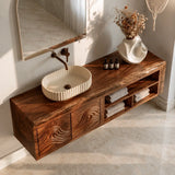 Natural Solid Wood Bathroom Vanity with Carved Wave Doors – Rustic - Arboriswood - 4