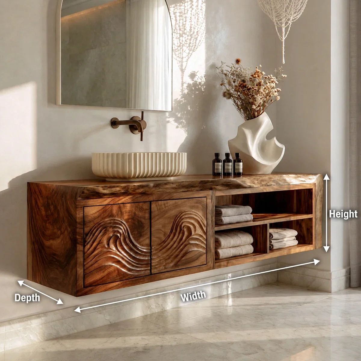 Natural Solid Wood Bathroom Vanity with Carved Wave Doors – Rustic - Arboriswood - 5
