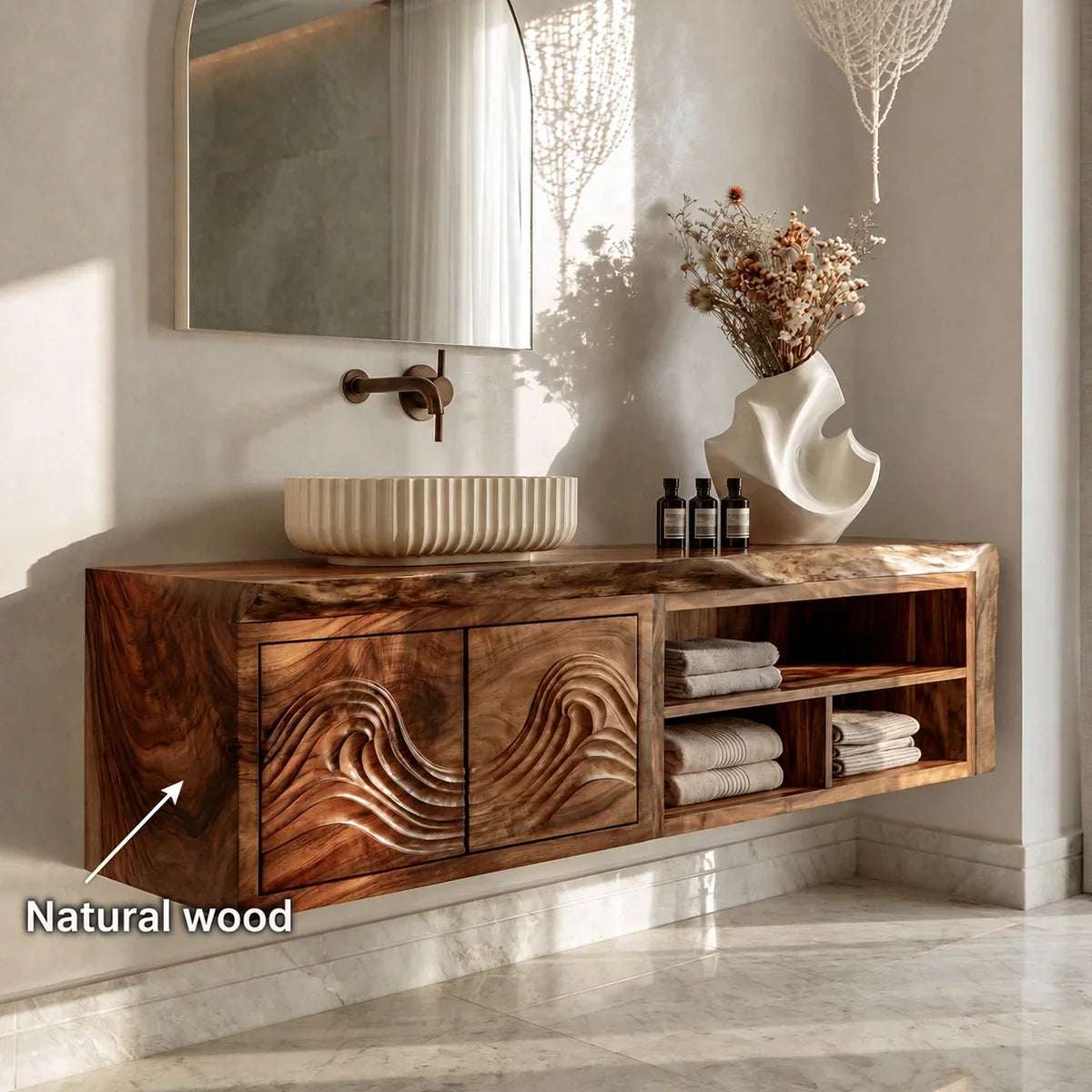 Natural Solid Wood Bathroom Vanity with Carved Wave Doors – Rustic - Arboriswood - 6