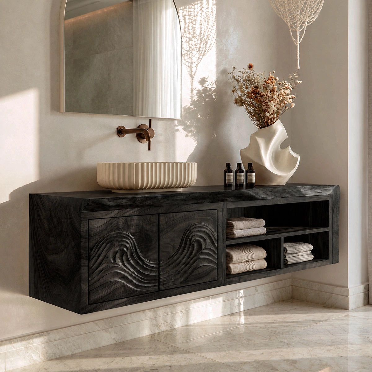 Natural Solid Wood Bathroom Vanity with Carved Wave Doors – Rustic - Arboriswood - 8