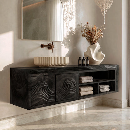 Natural Solid Wood Bathroom Vanity with Carved Wave Doors – Rustic - Arboriswood - 8