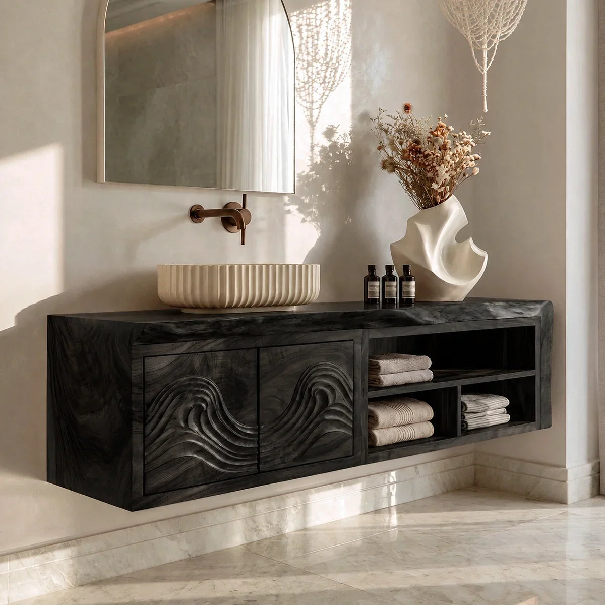 Natural Solid Wood Bathroom Vanity with Carved Wave Doors – Rustic - Arboriswood - 8