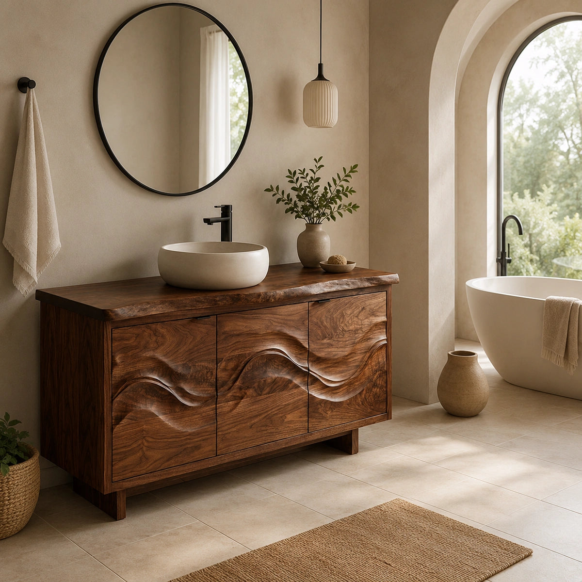 Natural Solid Wood Bathroom Vanity with Flowing Wave Doors – Traditional - Arboriswood - 3