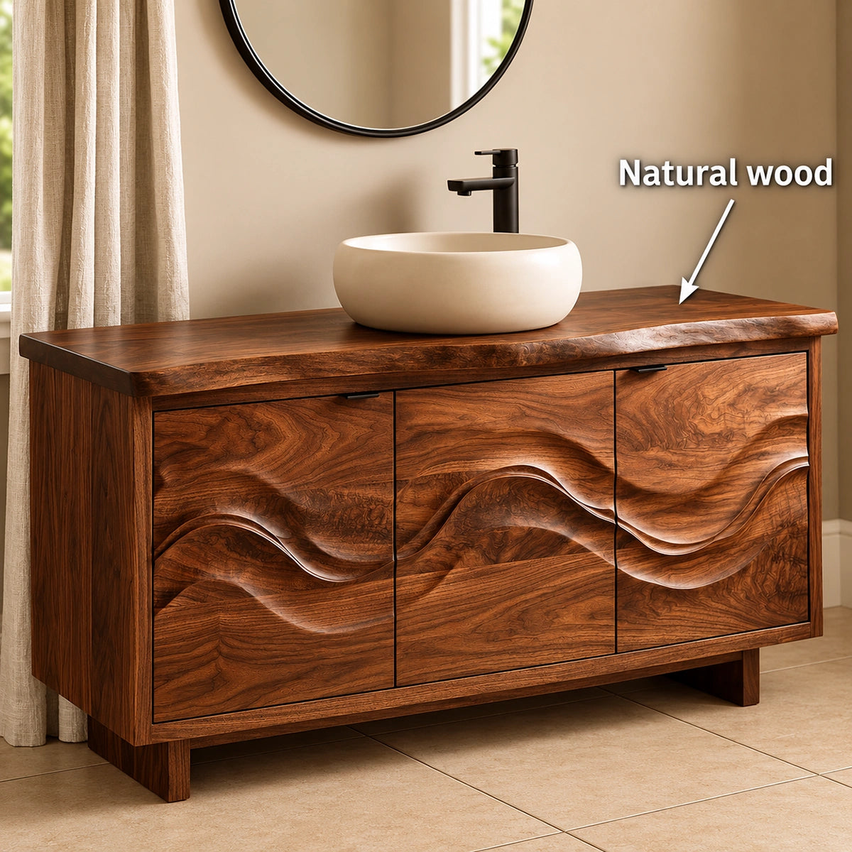 Natural Solid Wood Bathroom Vanity with Flowing Wave Doors – Traditional - Arboriswood - 5