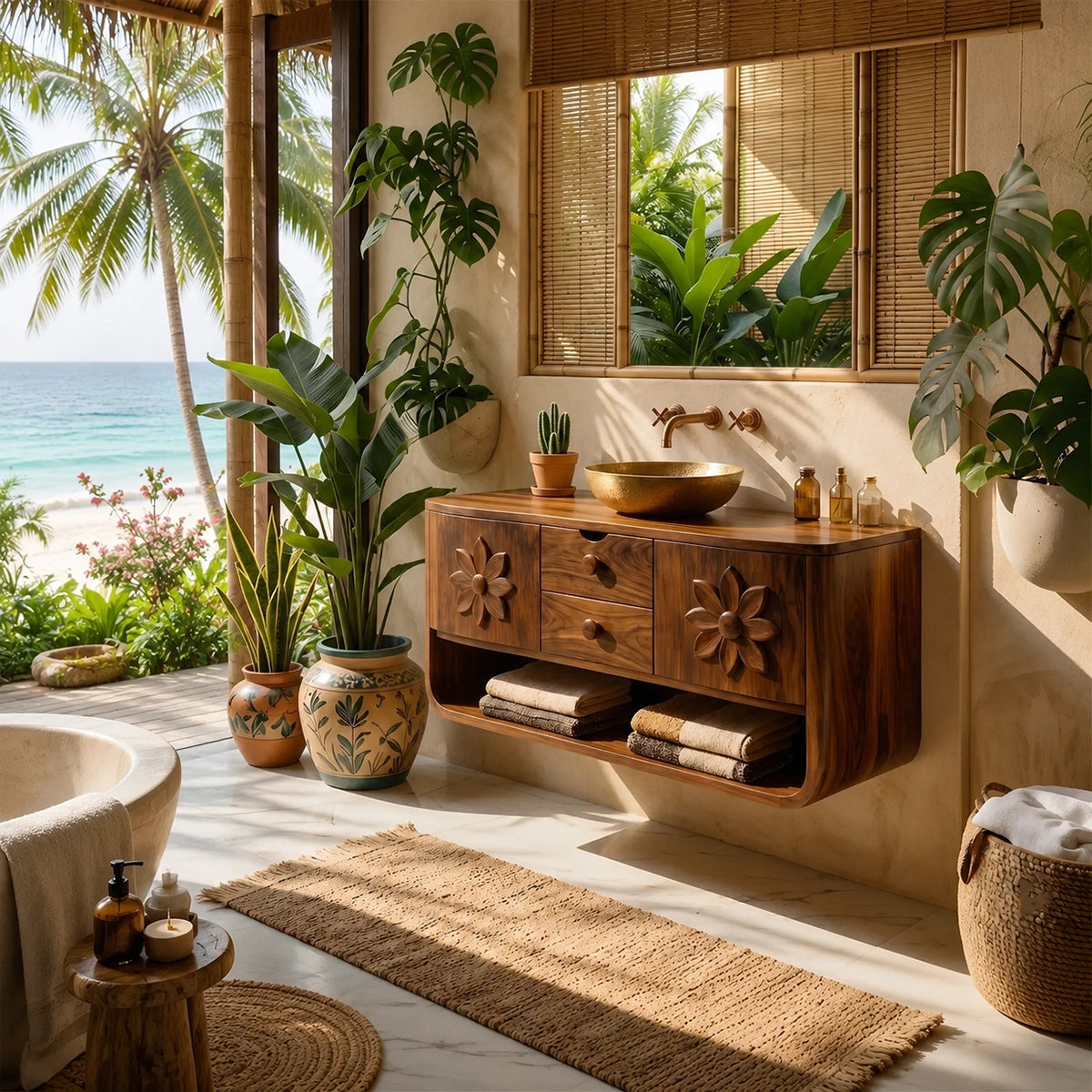 Natural Solid Wood Bathroom Vanity with Hand-Carved Floral Doors – Traditional - Arboriswood - 1
