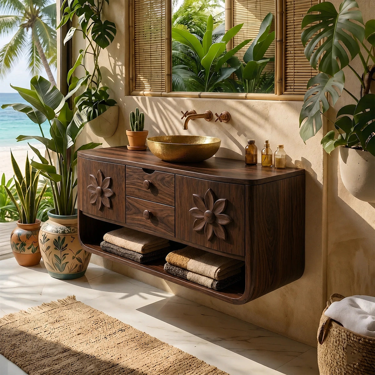 Natural Solid Wood Bathroom Vanity with Hand-Carved Floral Doors – Traditional - Arboriswood - 10
