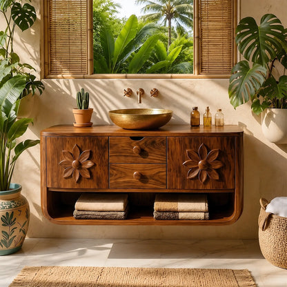 Natural Solid Wood Bathroom Vanity with Hand-Carved Floral Doors – Traditional - Arboriswood - 2