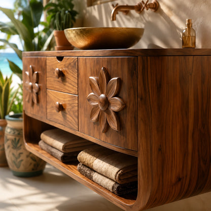 Natural Solid Wood Bathroom Vanity with Hand-Carved Floral Doors – Traditional - Arboriswood - 3