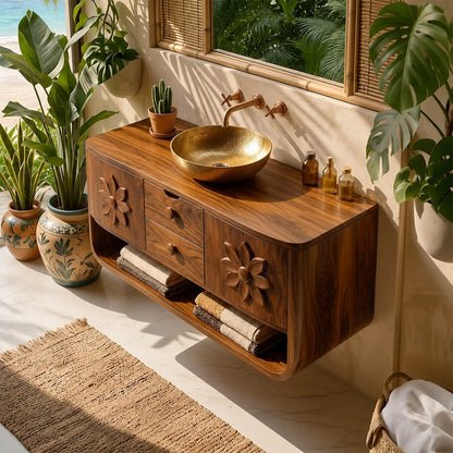 Natural Solid Wood Bathroom Vanity with Hand-Carved Floral Doors – Traditional - Arboriswood - 4