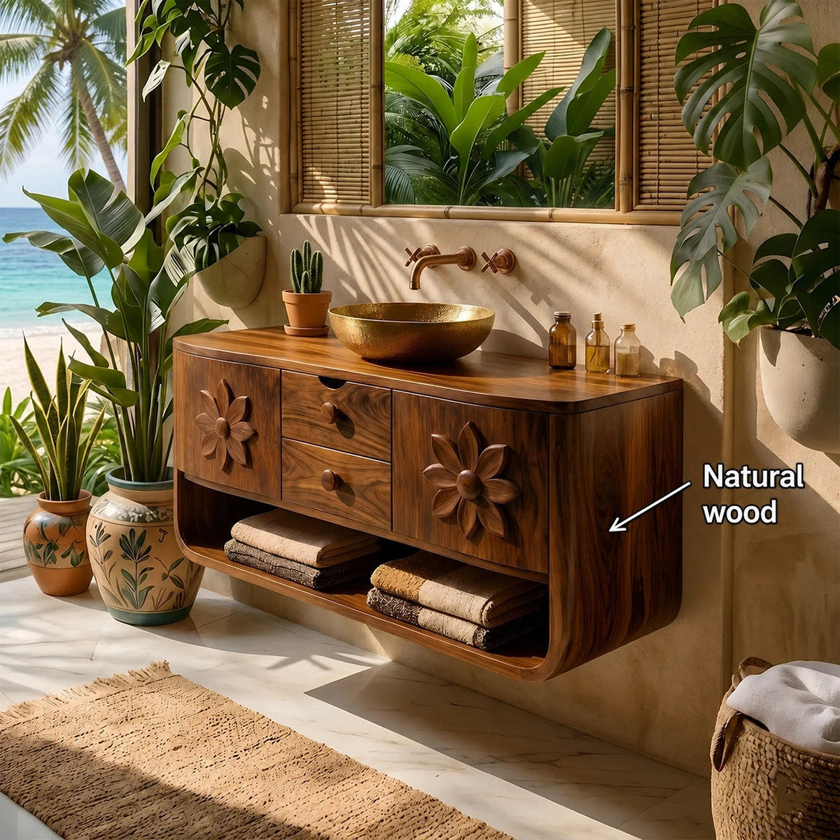 Natural Solid Wood Bathroom Vanity with Hand-Carved Floral Doors – Traditional - Arboriswood - 5