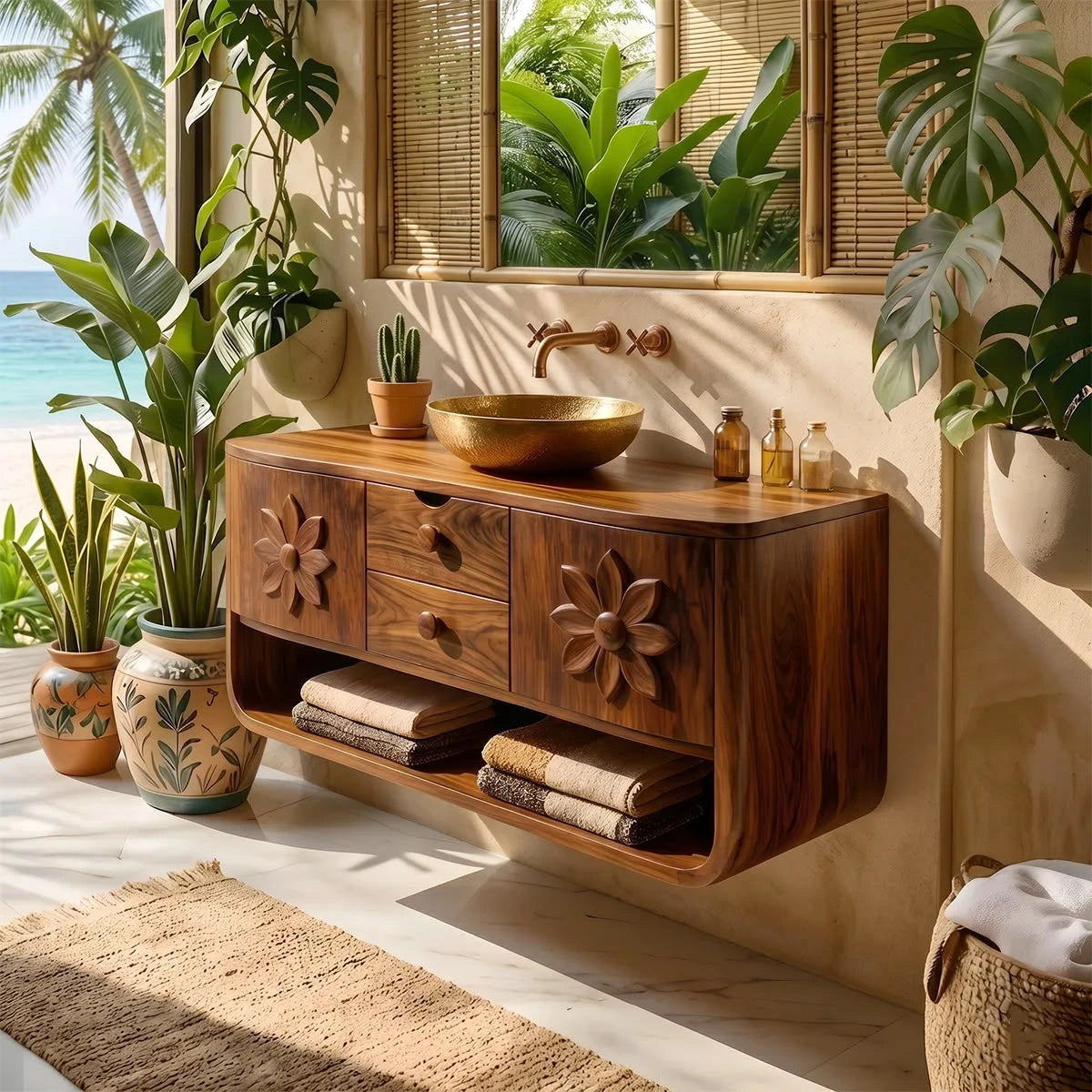 Natural Solid Wood Bathroom Vanity with Hand-Carved Floral Doors – Traditional - Arboriswood - 7