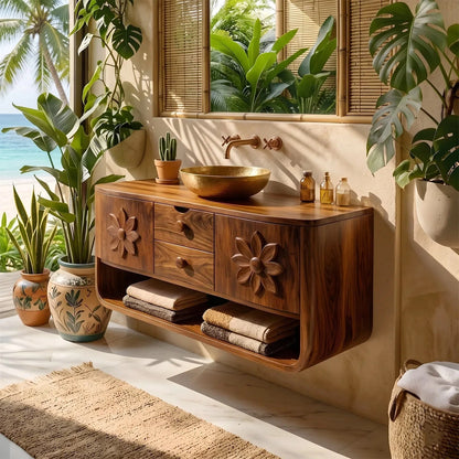 Natural Solid Wood Bathroom Vanity with Hand-Carved Floral Doors – Traditional - Arboriswood - 7