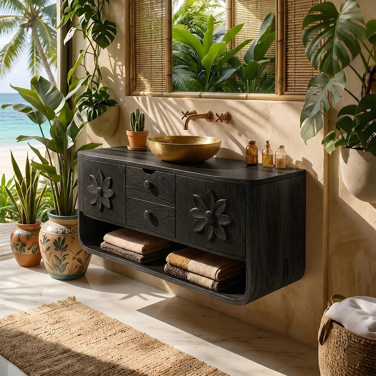 Natural Solid Wood Bathroom Vanity with Hand-Carved Floral Doors – Traditional - Arboriswood - 8