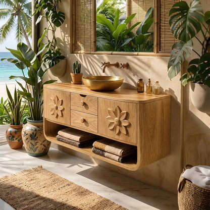 Natural Solid Wood Bathroom Vanity with Hand-Carved Floral Doors – Traditional - Arboriswood - 9