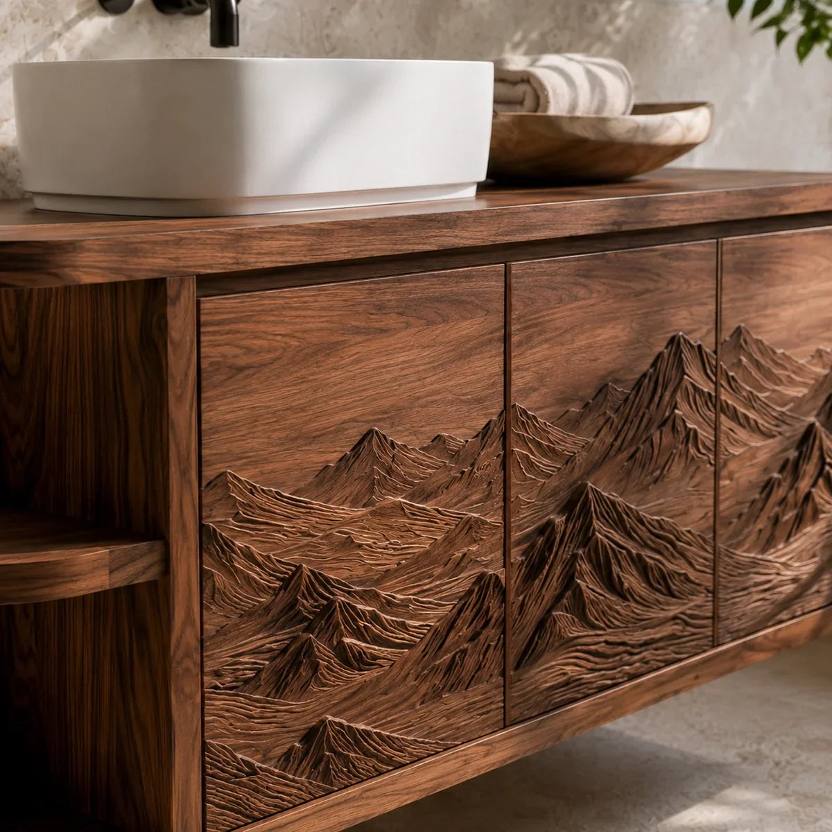 Natural Solid Wood Bathroom Vanity with Hand-Carved Mountain Relief - Arboriswood - 1