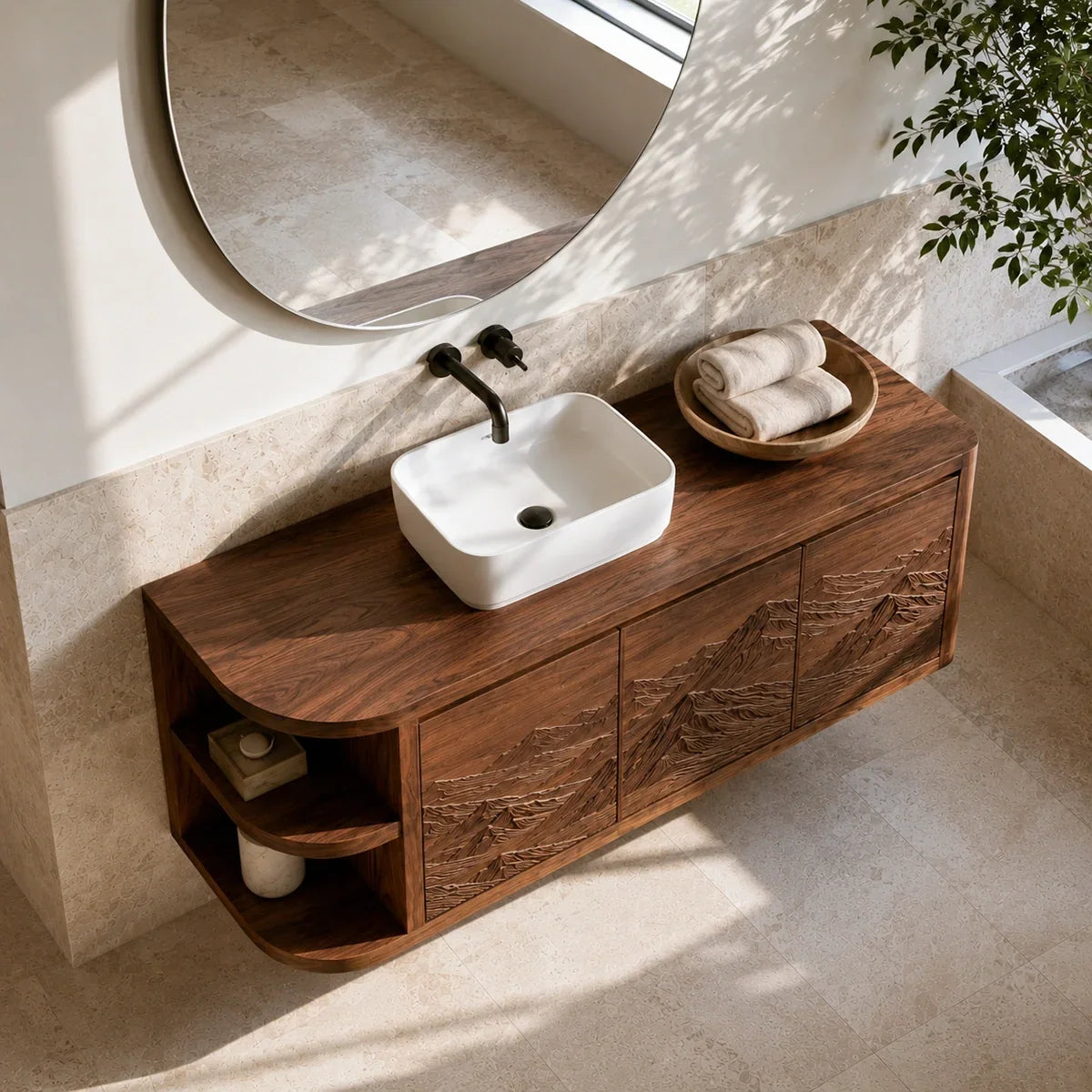 Natural Solid Wood Bathroom Vanity with Hand-Carved Mountain Relief - Arboriswood - 2