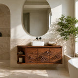 Natural Solid Wood Bathroom Vanity with Hand-Carved Mountain Relief - Arboriswood - 3