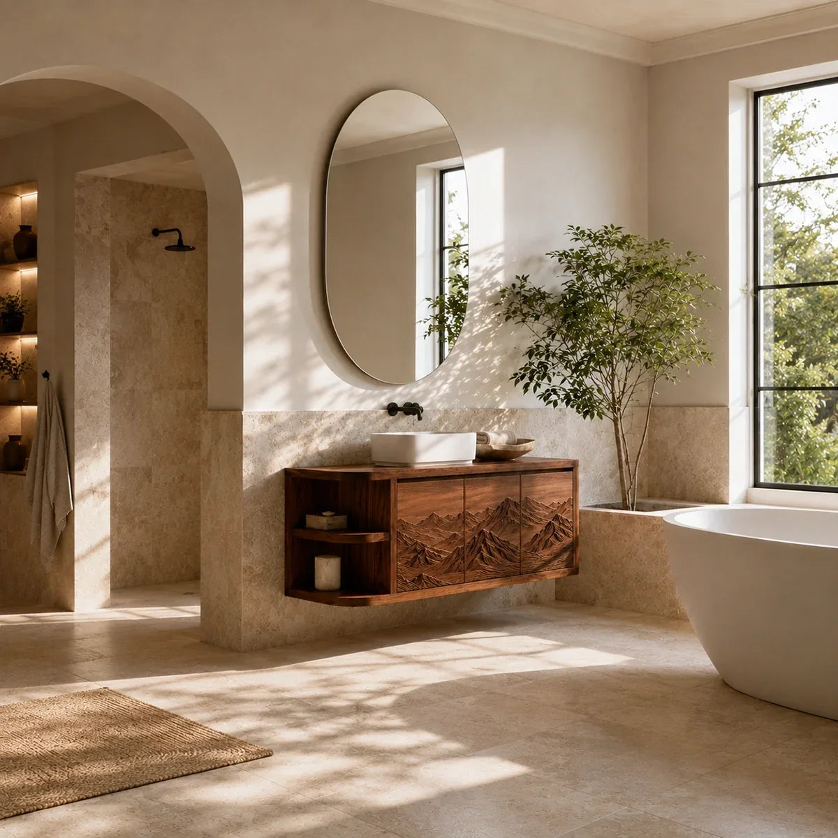Natural Solid Wood Bathroom Vanity with Hand-Carved Mountain Relief - Arboriswood - 4