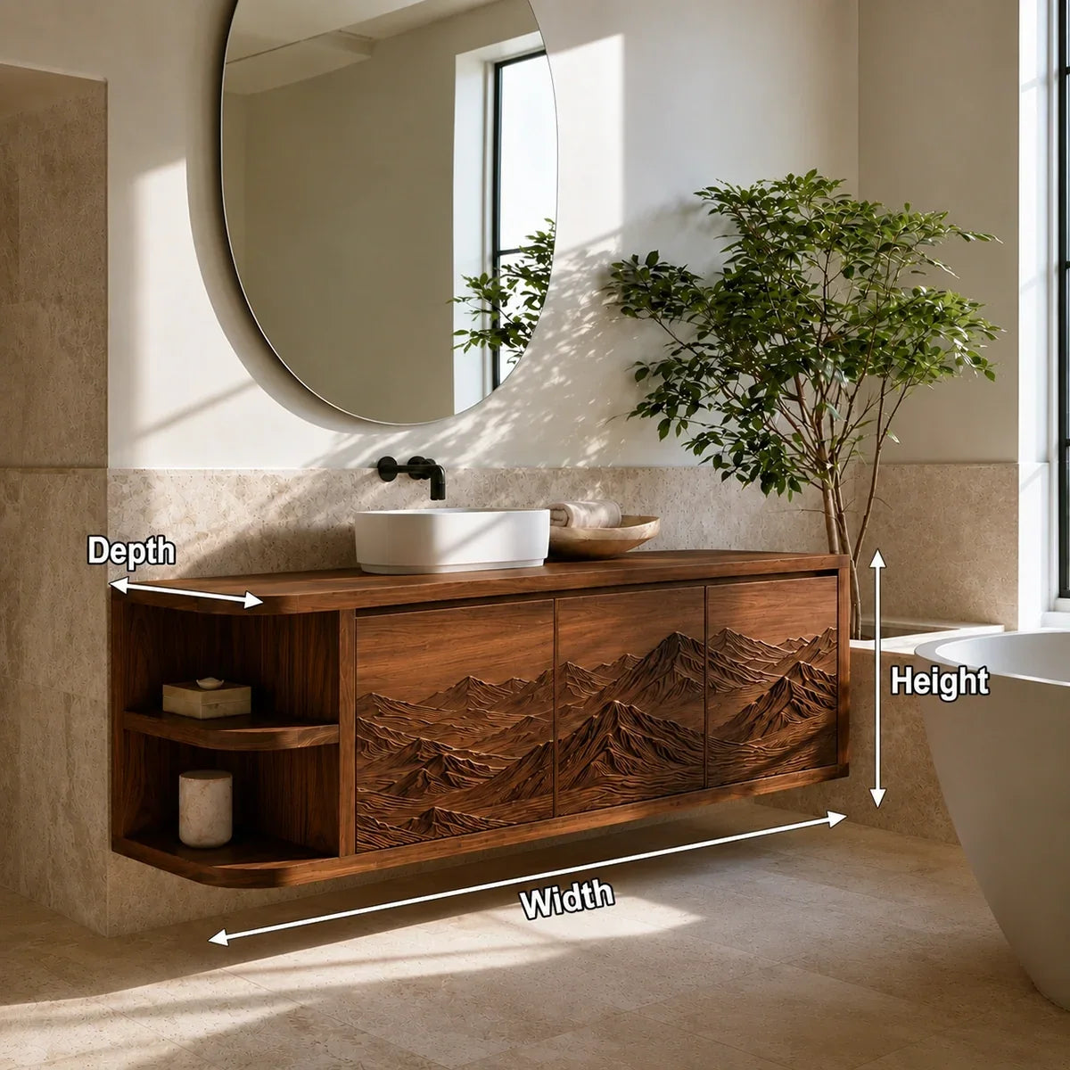 Natural Solid Wood Bathroom Vanity with Hand-Carved Mountain Relief - Arboriswood - 5