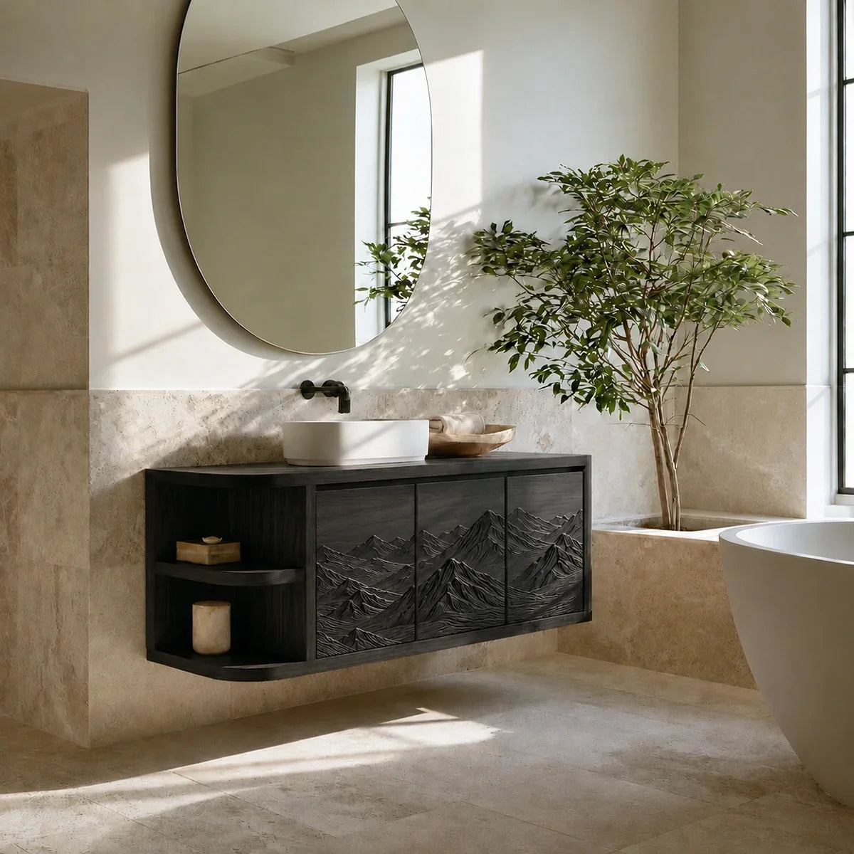 Natural Solid Wood Bathroom Vanity with Hand-Carved Mountain Relief - Arboriswood - 8