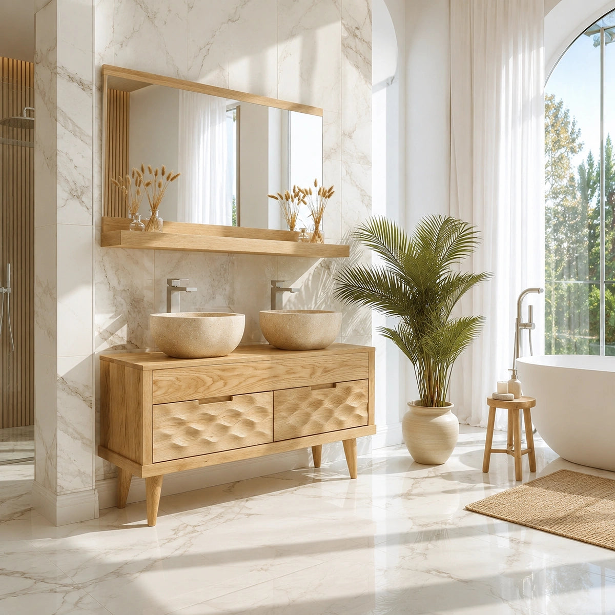 Natural Solid Wood Bathroom Vanity with Hand-Carved Textured Drawers – Traditional - Arboriswood - 1