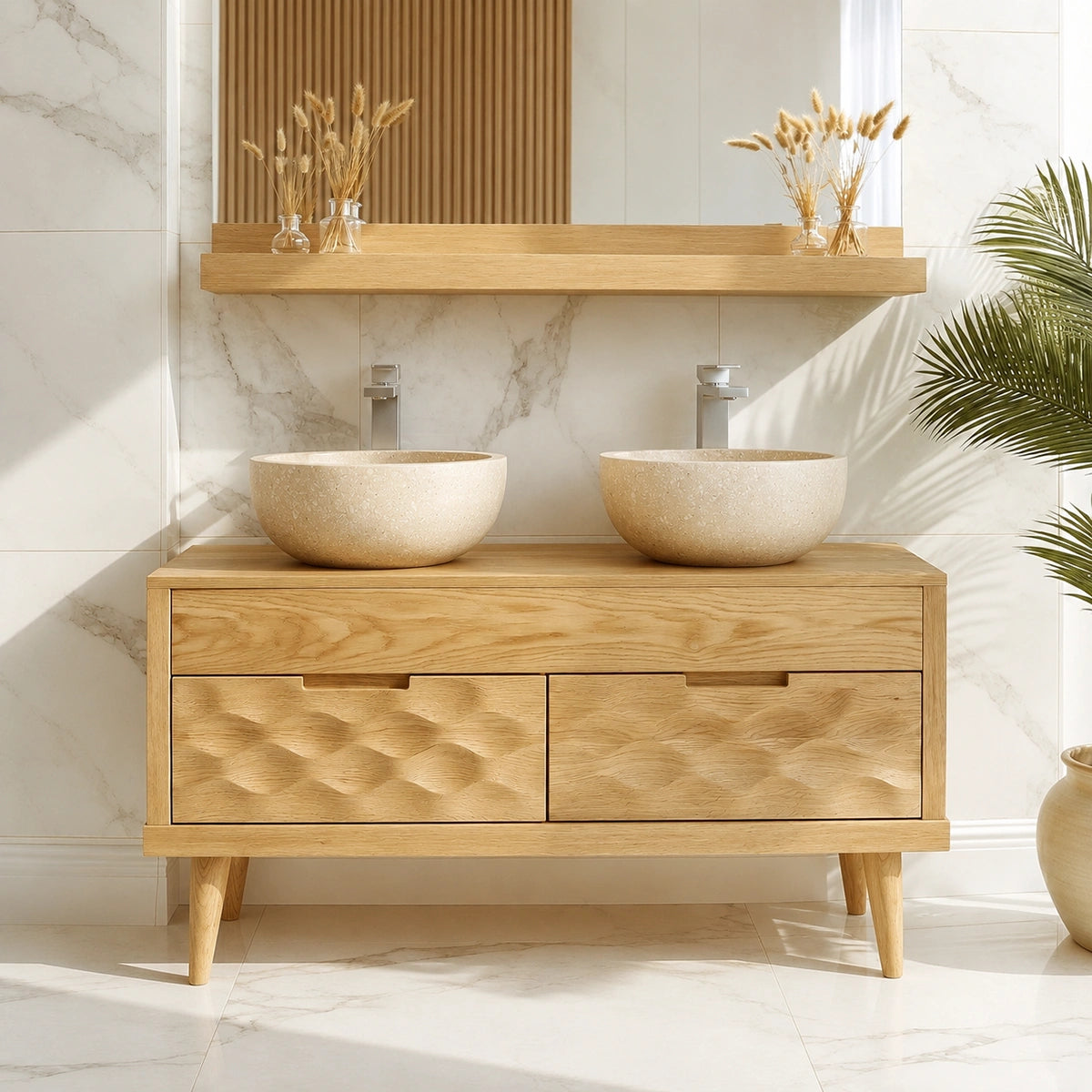 Natural Solid Wood Bathroom Vanity with Hand-Carved Textured Drawers – Traditional - Arboriswood - 2
