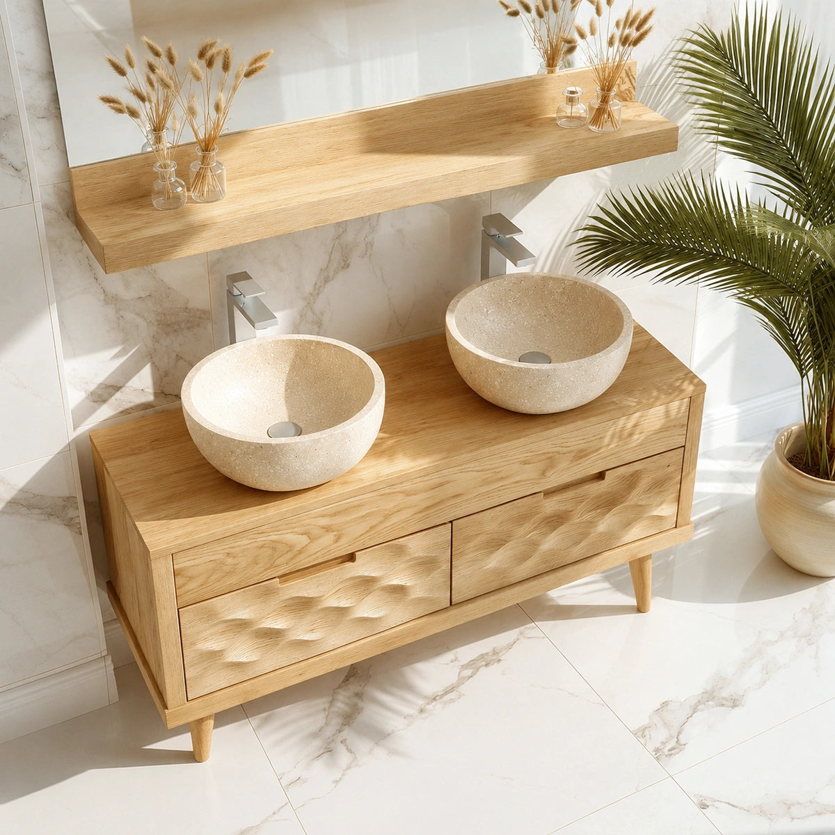 Natural Solid Wood Bathroom Vanity with Hand-Carved Textured Drawers – Traditional - Arboriswood - 4