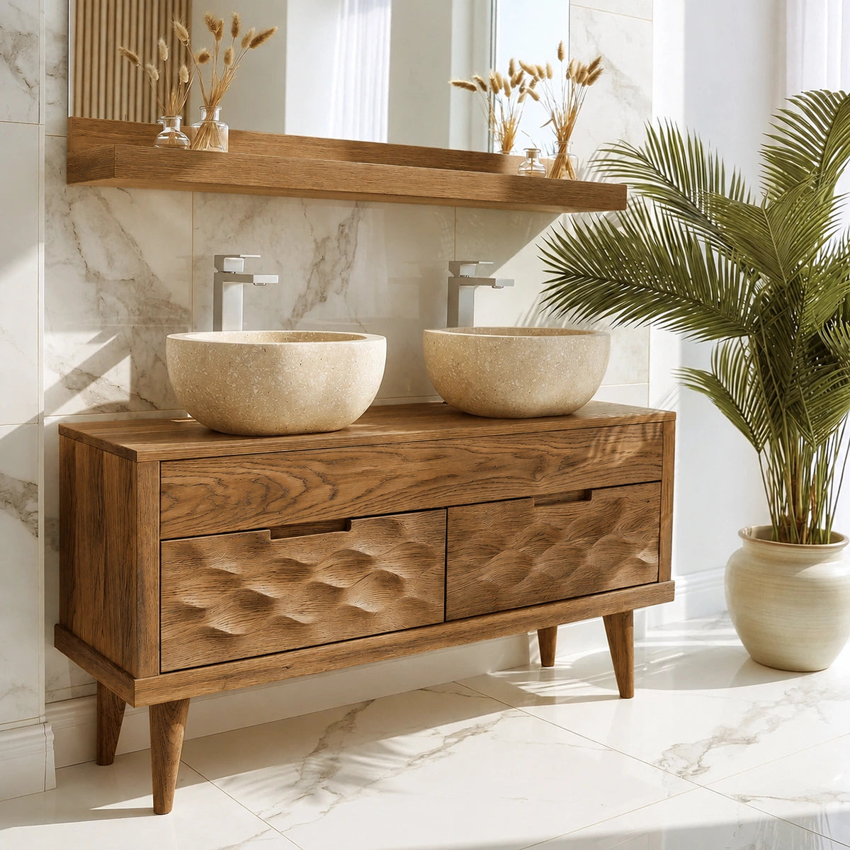 Natural Solid Wood Bathroom Vanity with Hand-Carved Textured Drawers – Traditional - Arboriswood - 9