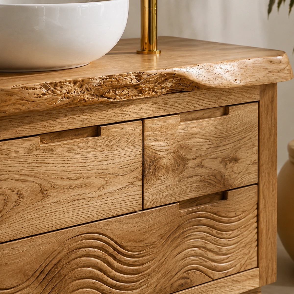 Natural Solid Wood Bathroom Vanity with Hand-Carved Wave Relief – Rustic - Arboriswood - 1